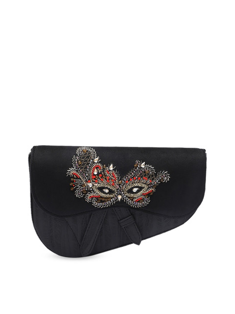 

Clotche Black Geometric Embellished Leather Half Moon Sling Bag with Bow Detail