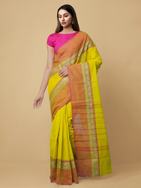 

Unnati Silks Yellow & Orange Zardozi Pure Cotton Uppada Handloom Saree