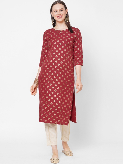 

Os Women Maroon & Gold-Toned Ethnic Motifs Printed Crepe Kurta