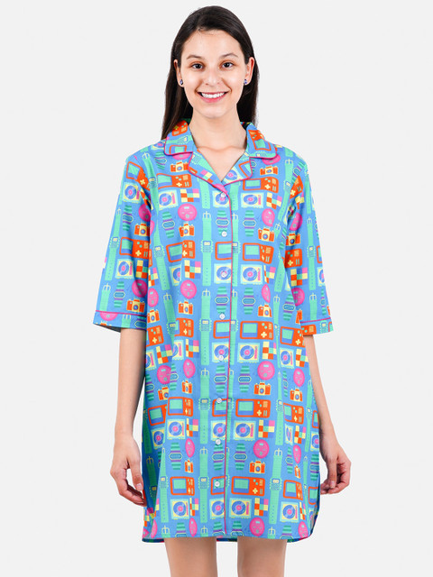 

Smugglerz Women Blue & Green Printed Pure Cotton Sleep Shirt