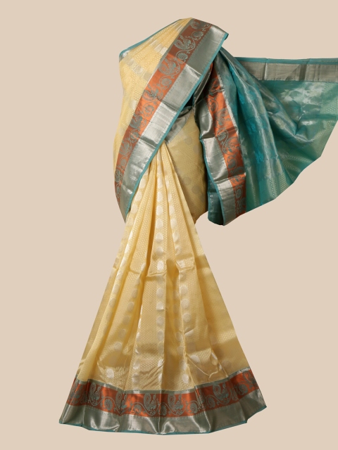 

Pothys Cream & Blue Woven Design Zari Pure Silk Kanjeevaram Saree