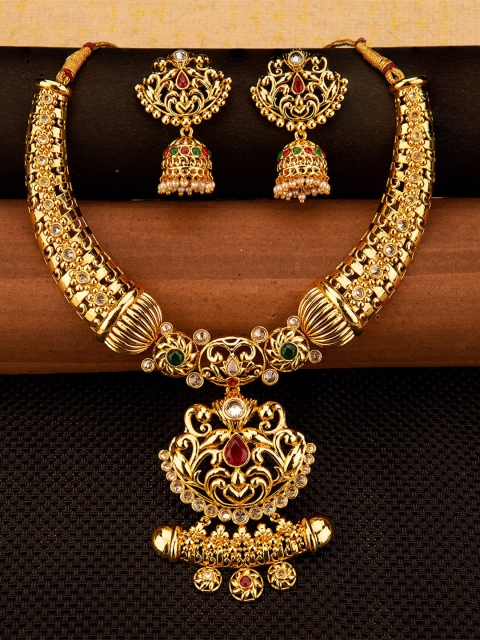

Studio Voylla Gold-Plated Magenta Pink & Green Stone-Studded Traditional Jewellery Set