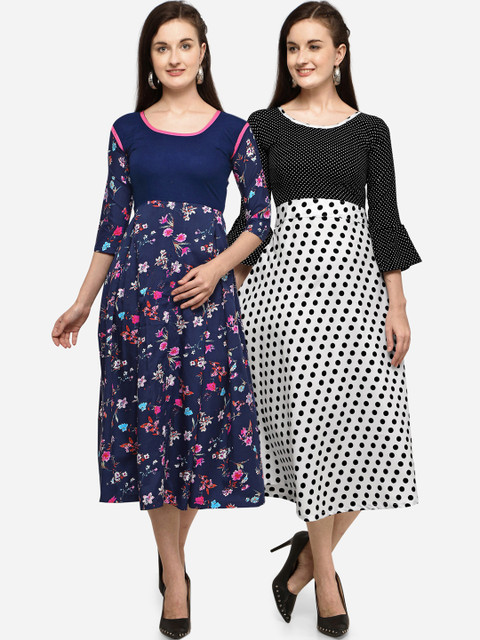 

SAADHVI Pack Of 2 Navy Blue & Black Floral Crepe Midi Dress