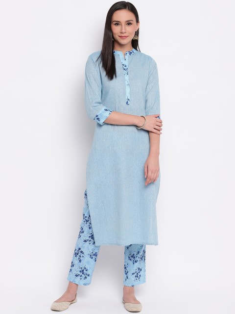 

Shakumbhari Women Blue Floral Pure Cotton Kurta with Trousers