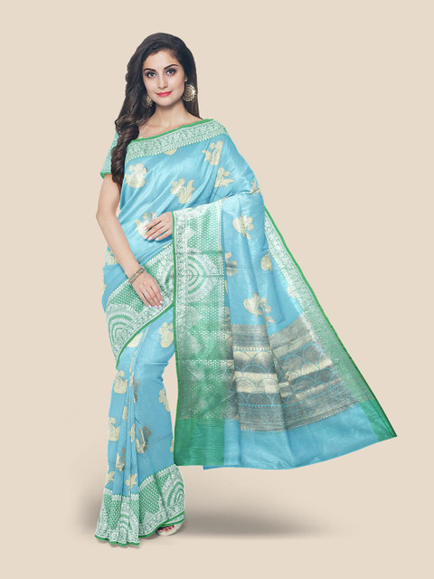 

Kalamandir Blue & Silver-Toned Ethnic Motifs Zari Banarasi Saree