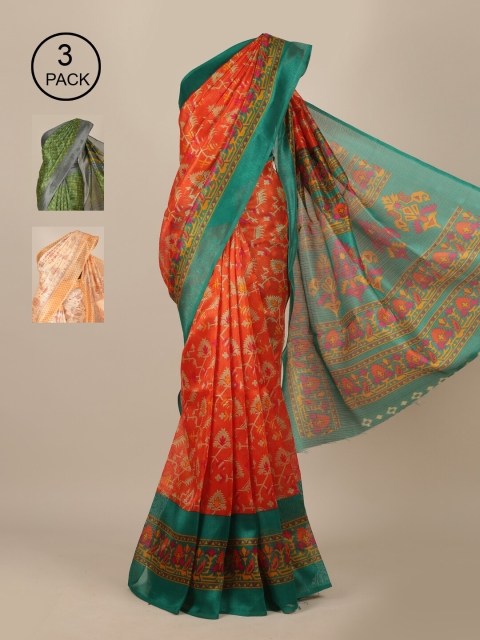 

Pothys Pack Of 3 Orange & Green Ethnic Motifs Jute Silk Sarees