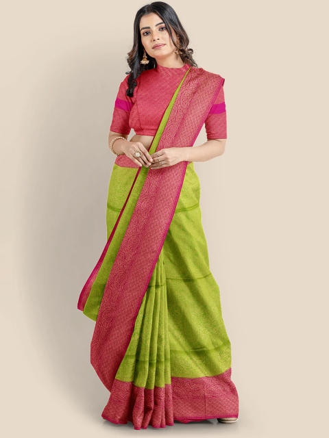 

Kalamandir Lime Green & Magenta Ethnic Motifs Zari Silk Blend Banarasi Saree
