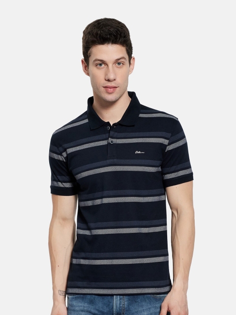 

Octave Men Navy Blue Striped Polo Collar T-shirt