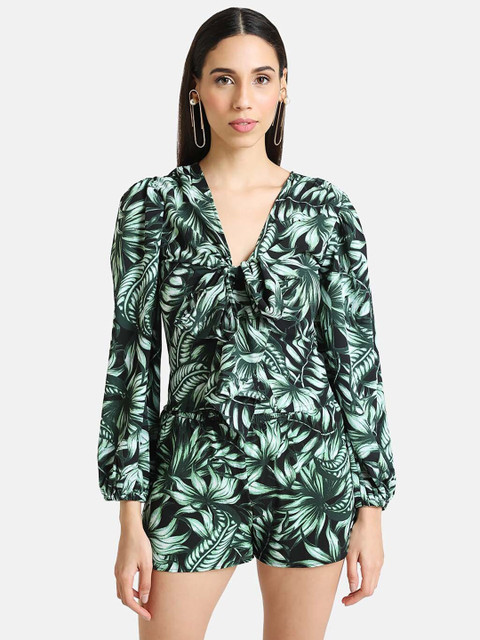 

Kazo Green Tropical Puff Sleeve Tropical Crepe Regular Top