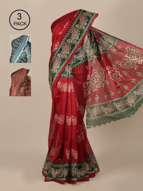 

Pothys Pack Of 3 Maroon & Grey Ethnic Motifs Jute Silk Sarees