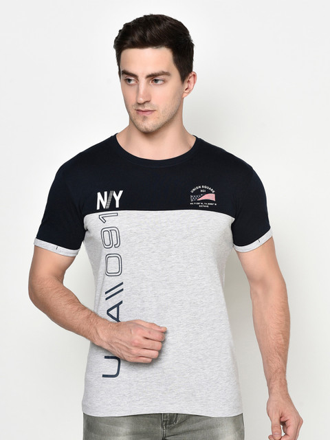 

Octave Men Navy Blue & Grey Colourblocked T-shirt