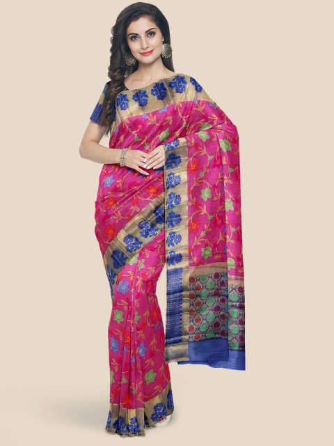 

Kalamandir Pink & Blue Floral Silk Blend Banarasi Saree