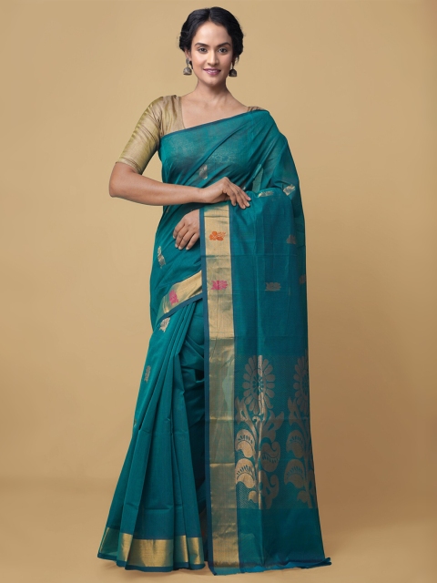 

Unnati Silks Teal & Gold Woven Design Zari Handloom Pure Cotton Gadwal Saree