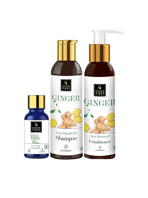 

Good Vibes Anti Dandruff Combo Kit - Essential Oil, Ginger Shampoo, Ginger Conditioner, White