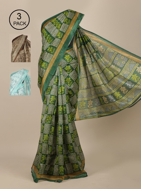 

Pothys Pack Of 3 Green & Brown Ethnic Motifs Jute Silk Saree