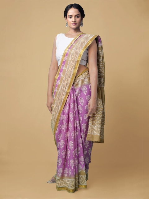 

Unnati Silks Violet & Beige Ethnic Motifs Pure Cotton Block Print Saree