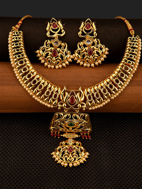 

Studio Voylla Gold-Plated Pink Stone-Studded & Pearl-Beaded Jewellery Set