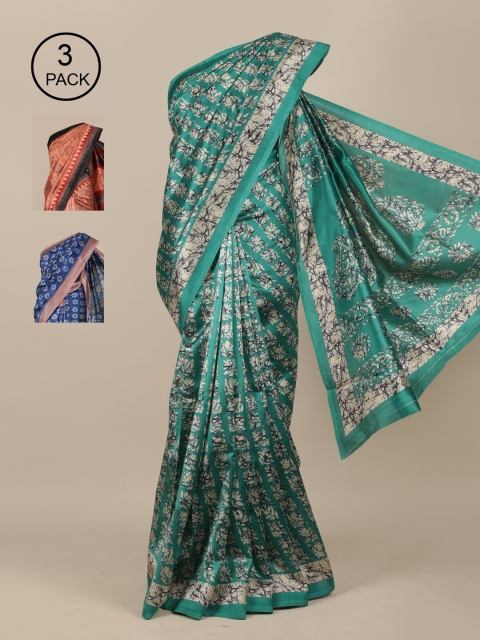 

Pothys Pack Of 3 Green & Peach-Coloured Ethnic Motifs Jute Silk Saree