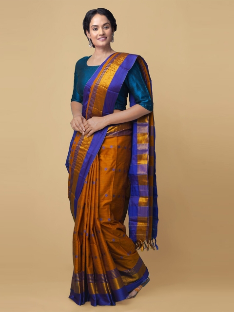 

Unnati Silks Rust & Blue Woven Design Silk Cotton Narayan Peth Saree