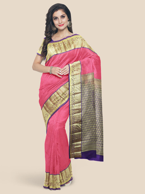 

Kalamandir Pink & Blue Woven Design Zari Silk Blend Kanjeevaram Saree