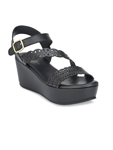 

Delize Black Textured Leather Wedge Sandals with Laser Cuts