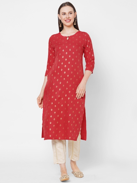 

Os Women Red Keyhole Neck Crepe Kurta