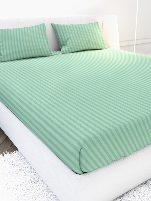 

MAYFAIR HOMES LONDON Green Striped 210 TC Queen Bedsheet with 2 Pillow Covers