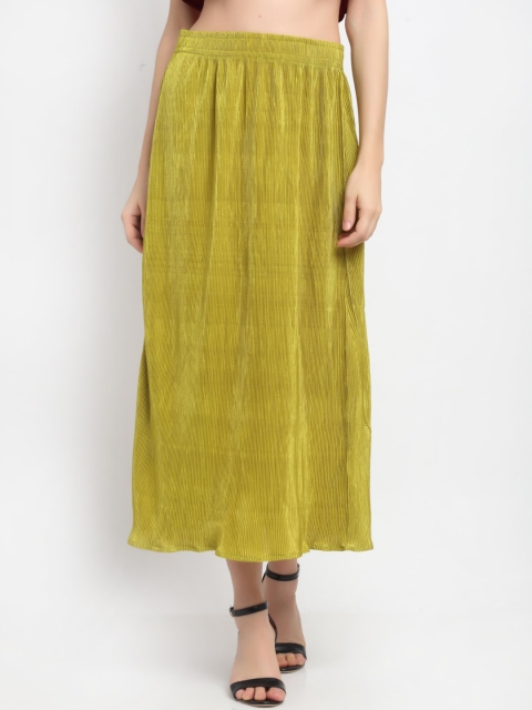 

NEUDIS Women Green Solid Accordion Pleated Flared Maxi Skirt