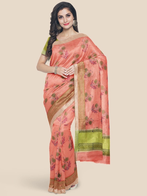 

Kalamandir Coral & Green Floral Linen Blend Saree