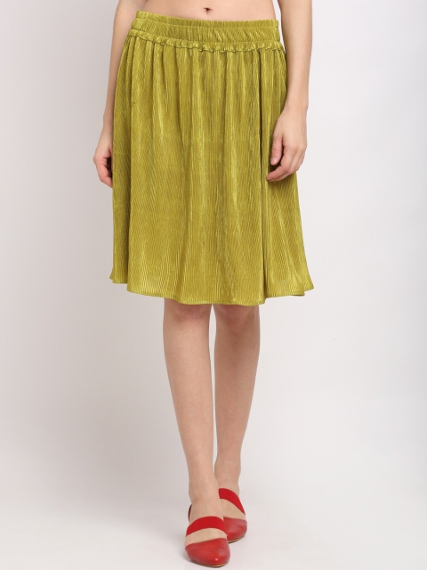 

NEUDIS Women Green Solid Accordion Pleated Flared Knee-Length Skirt
