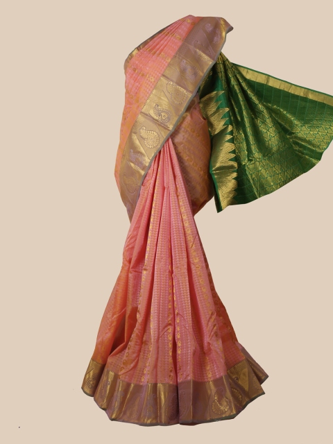 

Pothys Pink & Green Ethnic Motifs Zari Pure Silk Kanjeevaram Saree
