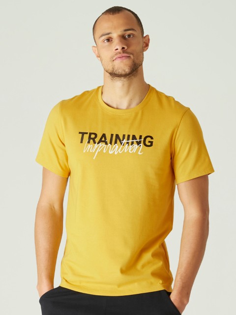 

NYAMBA By Decathlon Men Yellow & Black Typography Printed Training or Gym T-shirt