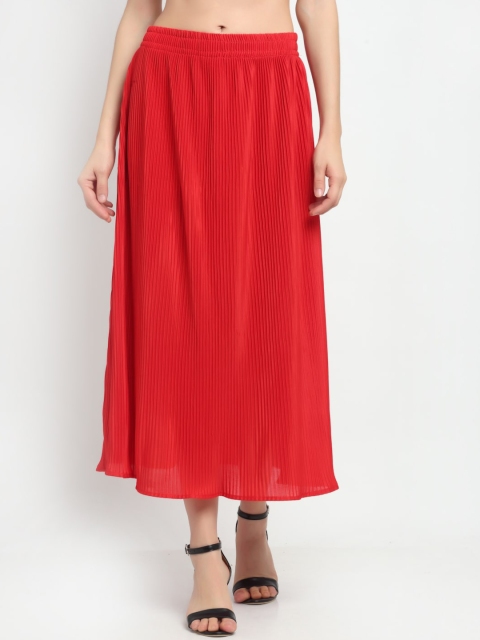 

NEUDIS Women Red Solid Accordion Pleat Flared Midi Skirt