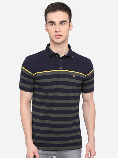 

JADE BLUE Men Blue Striped Polo Collar Applique Slim Fit T-shirt