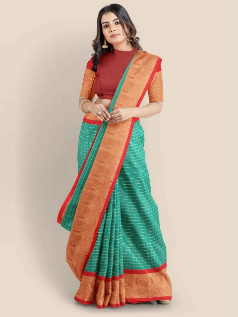 

Kalamandir Green & Red Checked Cotton Blend Saree
