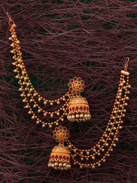

aadita Gold-Plated & Red Contemporary Jhumkas Earrings