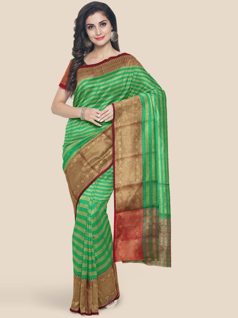

Kalamandir Green & Maroon Striped Zari Silk Blend Banarasi Saree