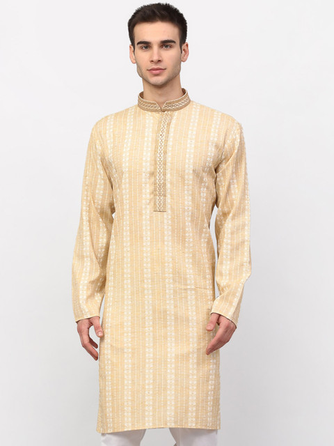 

Jompers Men Beige Geometric Printed Thread Work Cotton Kurta