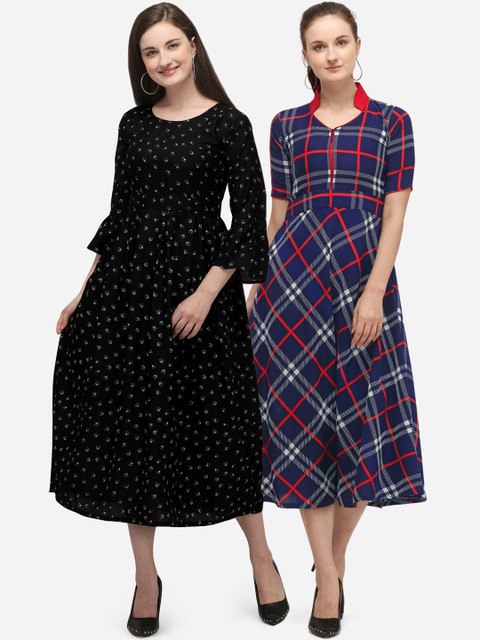 

SAADHVI Pack Of 2 Black & Blue Crepe Midi Dress