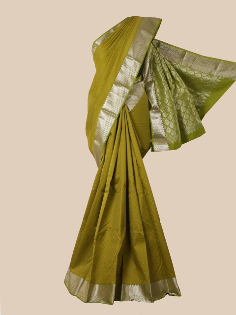 

Pothys Olive & Silver-Toned Woven Design Zari Pure Silk Kanjeevaram Saree