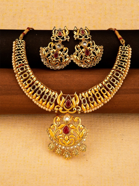 

Studio Voylla Gold-Plated Red Stone-Studded & White Beaded Jewellery Set