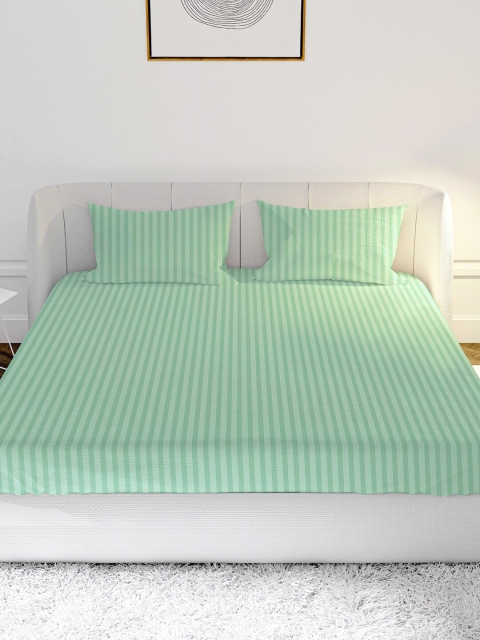 

MAYFAIR HOMES LONDON Minty Green Striped King Bedsheet with 2 Pillow Covers