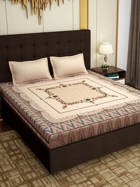 

PAVO Beige & White Ethnic Motifs 300 TC King Bedsheet with 2 Pillow Covers