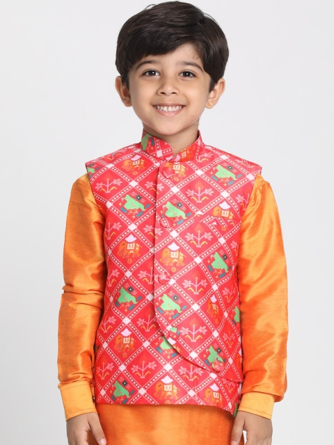 

VASTRAMAY Boys Coral Coloured & Green Printed Nehru Jacket
