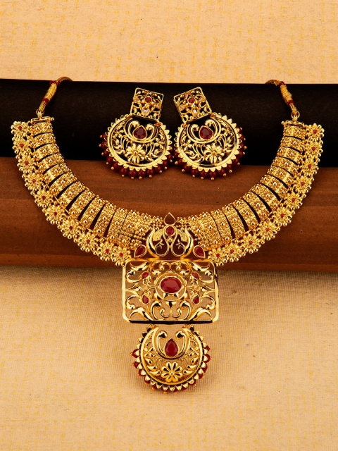 

Studio Voylla Gold-Plated Red Stones-Studded Moon-Shaped Jewellery Set
