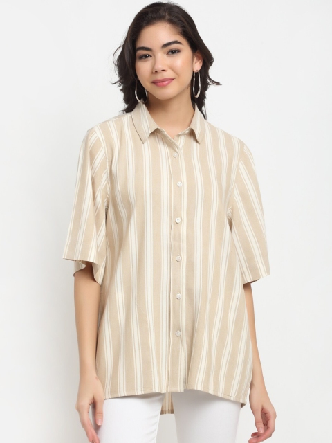 

Bhaane Women Beige Boxy Striped Casual Shirt