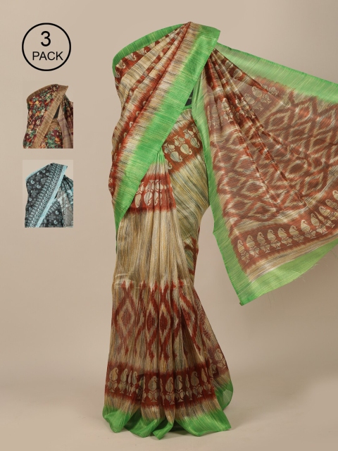 

Pothys Pack of 3 Brown & Maroon Jute Silk Saree