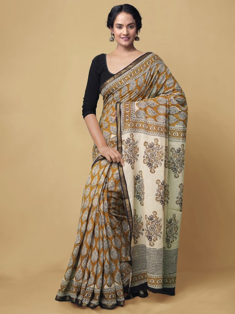 

Unnati Silks Women Brown & Cream-Coloured Pure Bagru Printed Mulmul Cotton Sustainable Saree