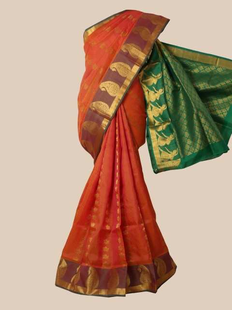 

Pothys Orange & Green Ethnic Motifs Zari Pure Silk Kanjeevaram Saree
