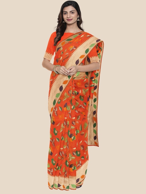 

Kalamandir Orange & Green Woven Design Zari Silk Blend Banarasi Saree